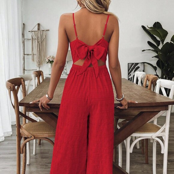 Red Boho Women's V-Neck Backless Bowknot Strap Jumpsuit - Picture 2 of 6